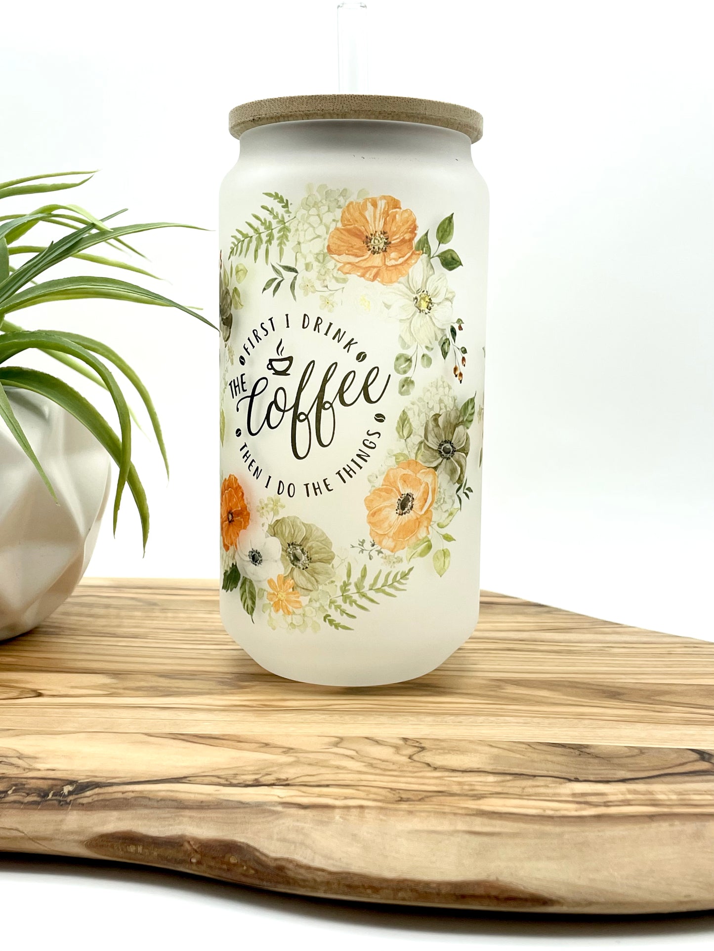 Green and Orange Floral Frosted Glass Can