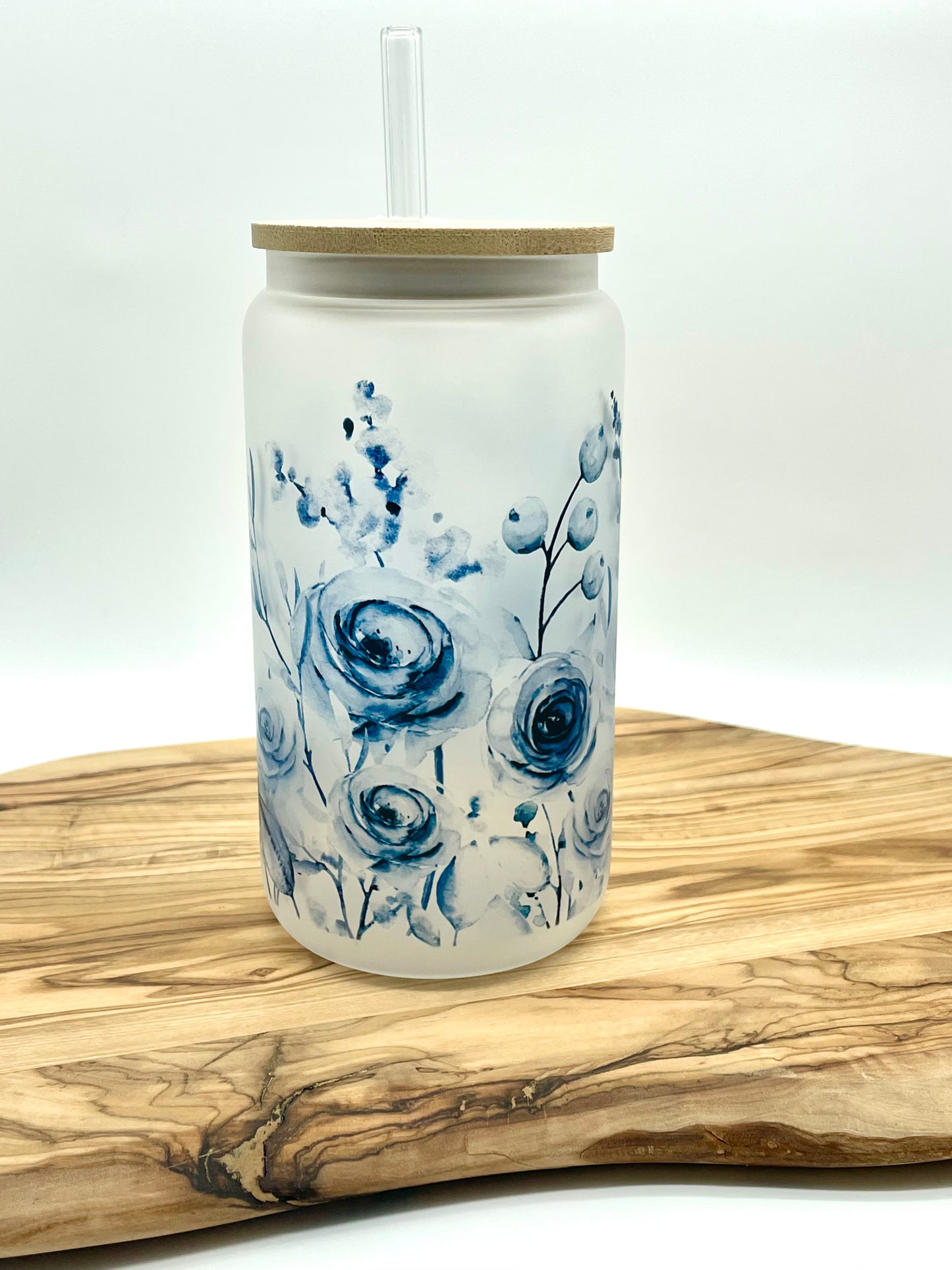 Blue Floral Frosted Glass Can