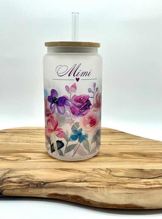 Personalized Purple Floral Frosted Glass Can