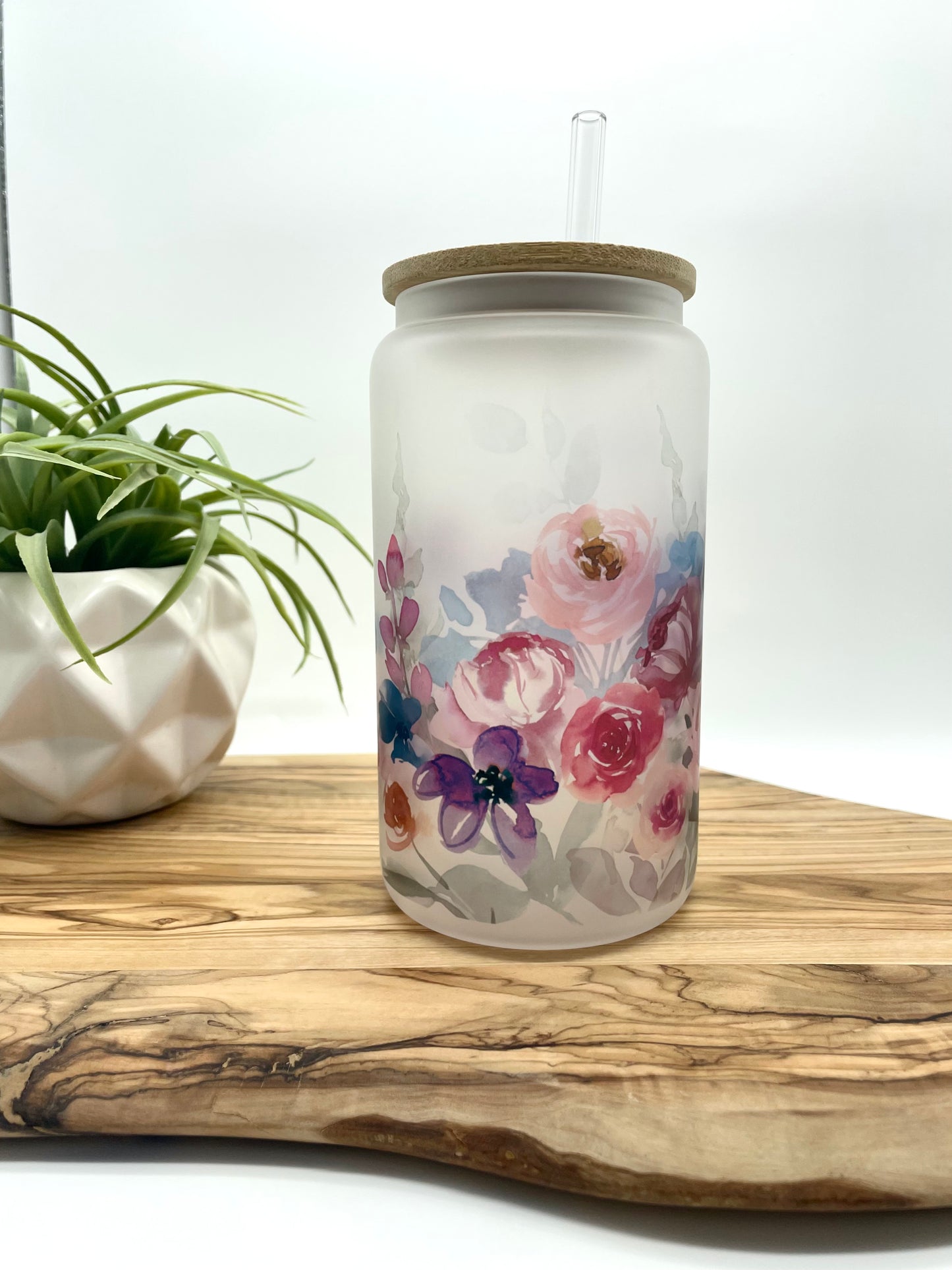 Personalized Purple Floral Frosted Glass Can