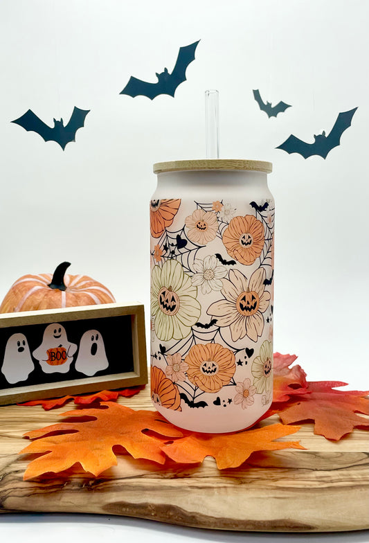 Floral Halloween Frosted Glass Tumbler