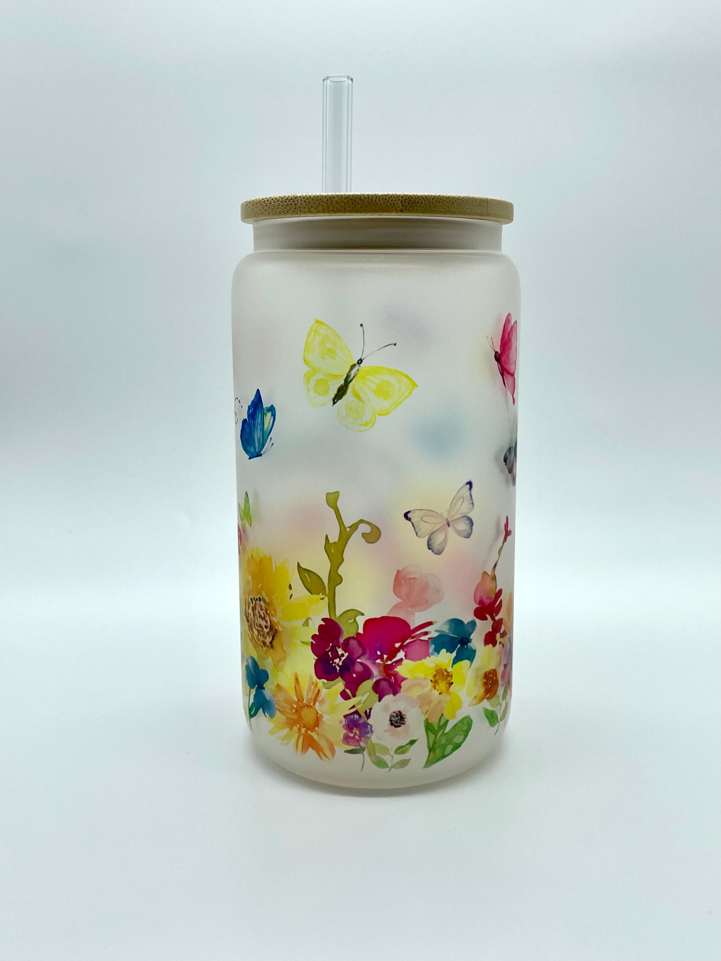 Personalized Floral Butterfly Frosted Glass Can