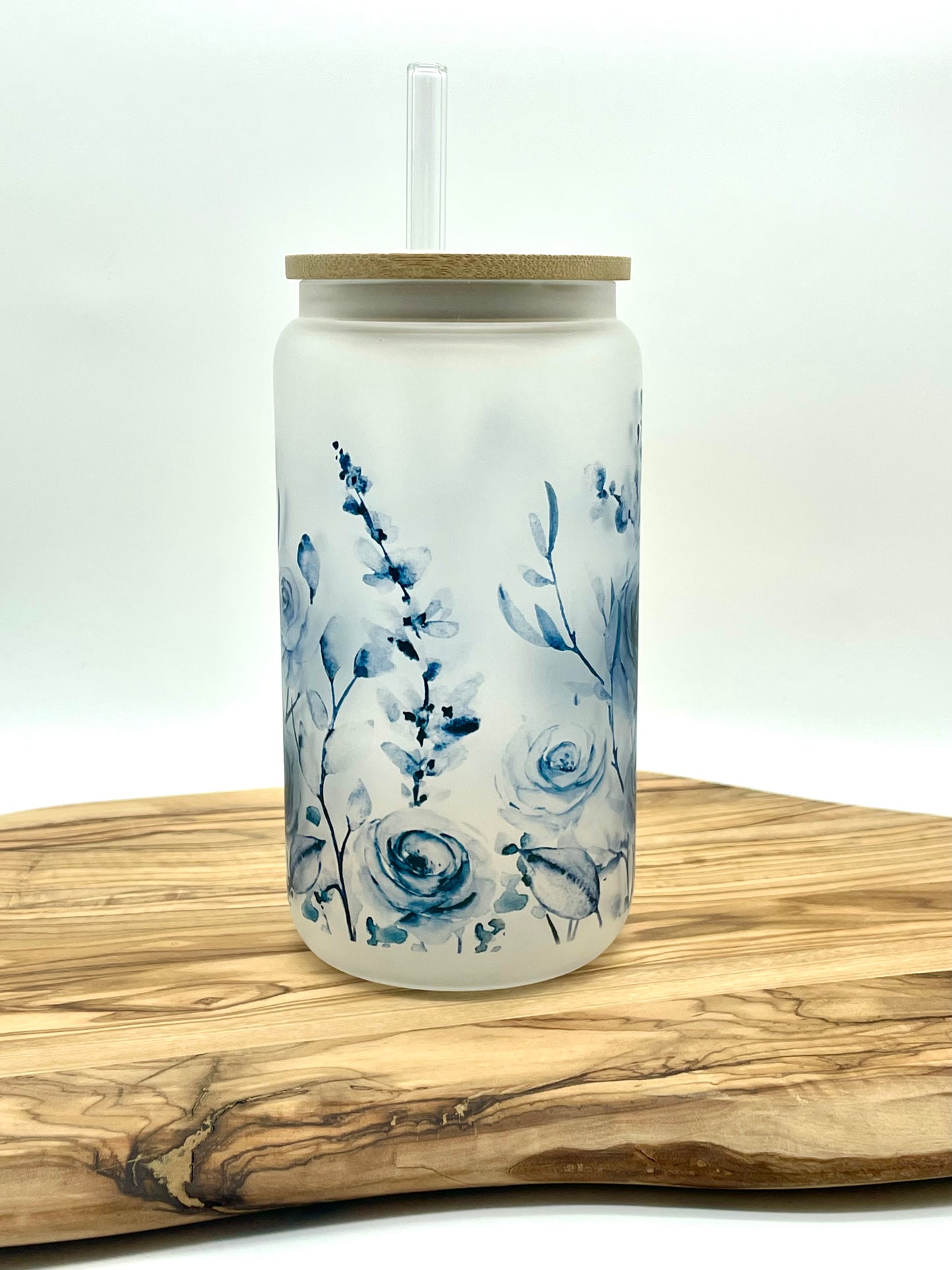 Blue Floral Frosted Glass Can