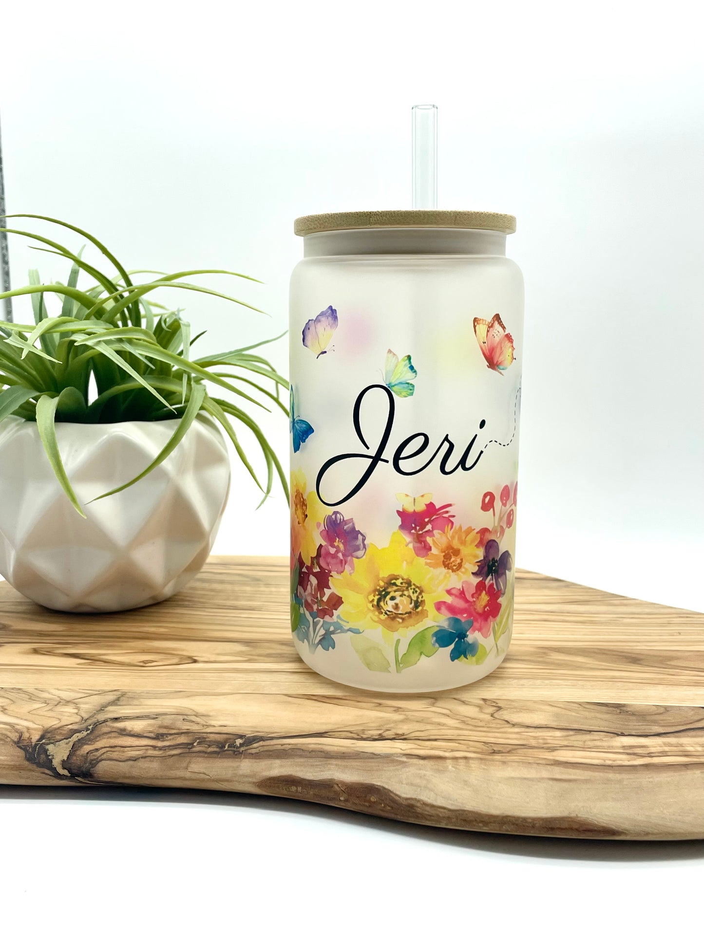 Personalized Floral Butterfly Frosted Glass Can