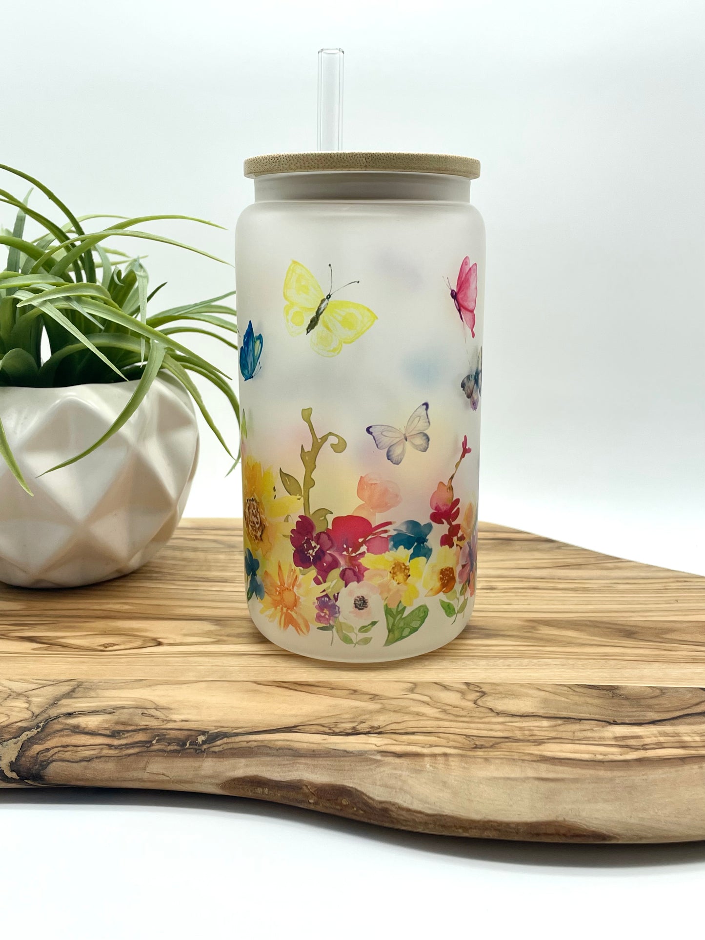 Personalized Floral Butterfly Frosted Glass Can