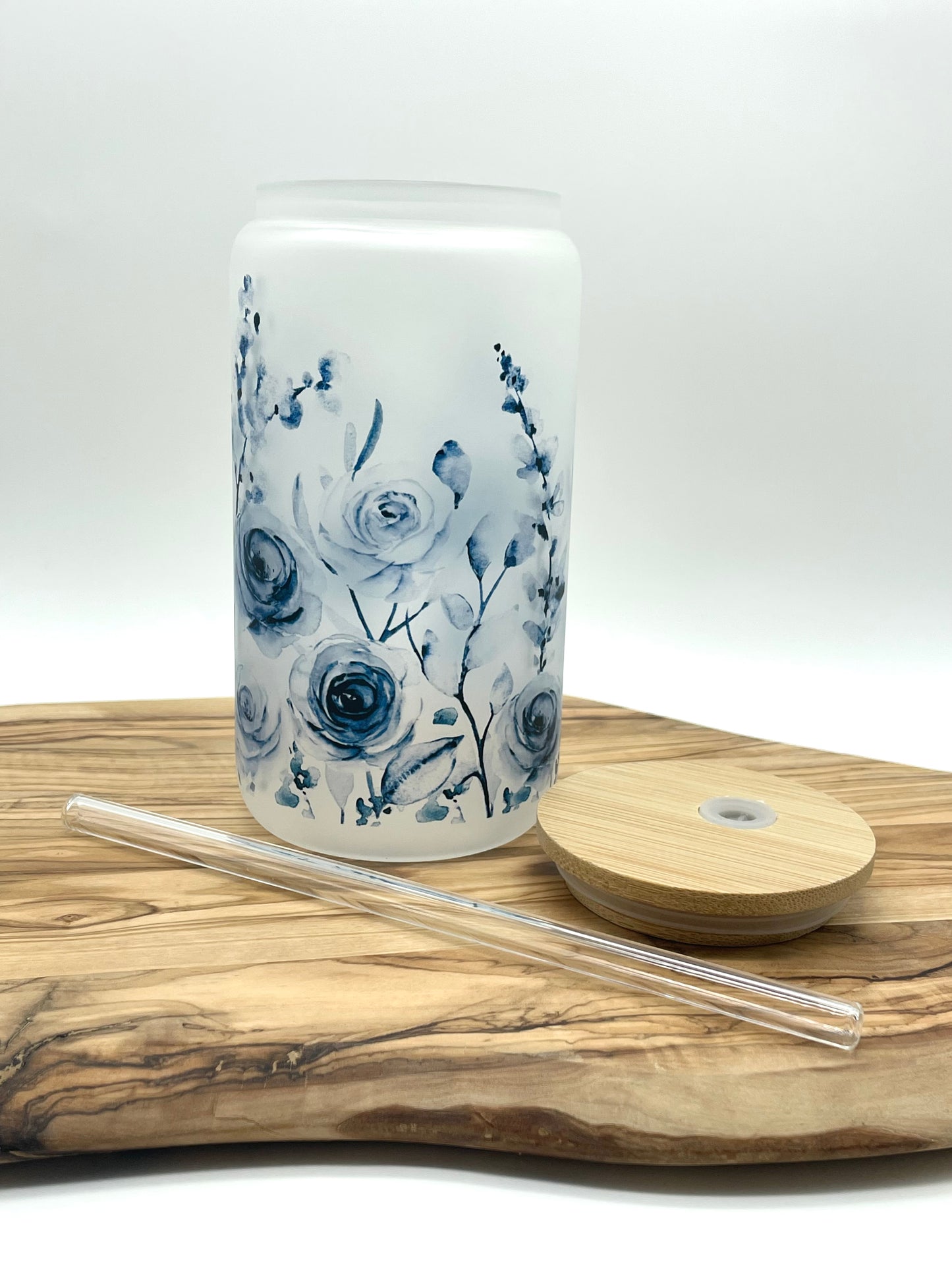 Blue Floral Frosted Glass Can