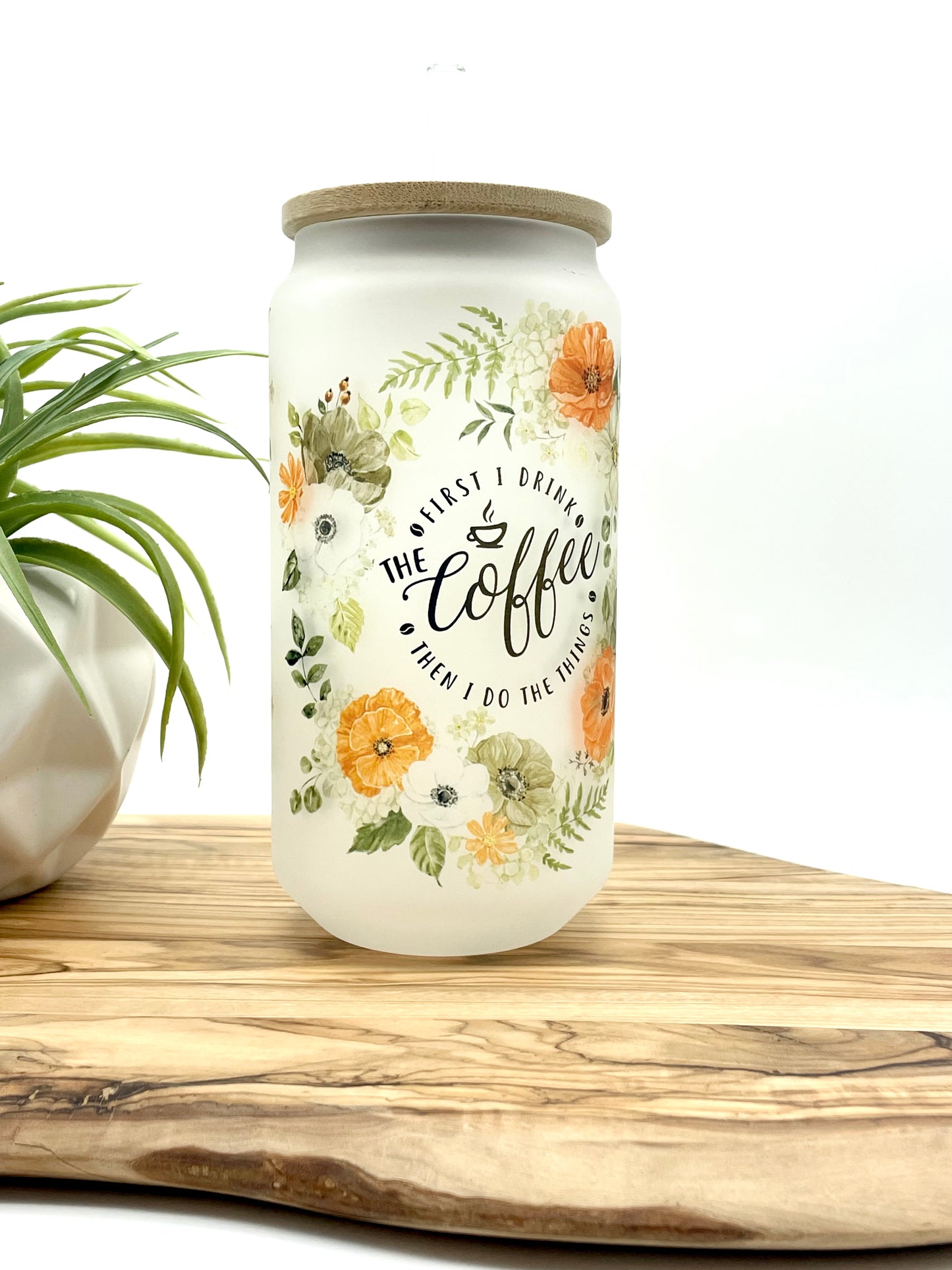 Green and Orange Floral Frosted Glass Can