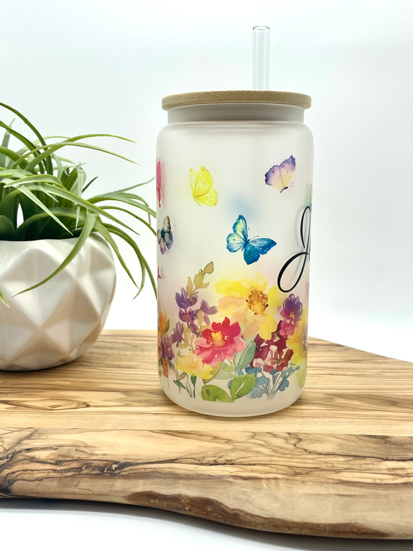 Personalized Floral Butterfly Frosted Glass Can