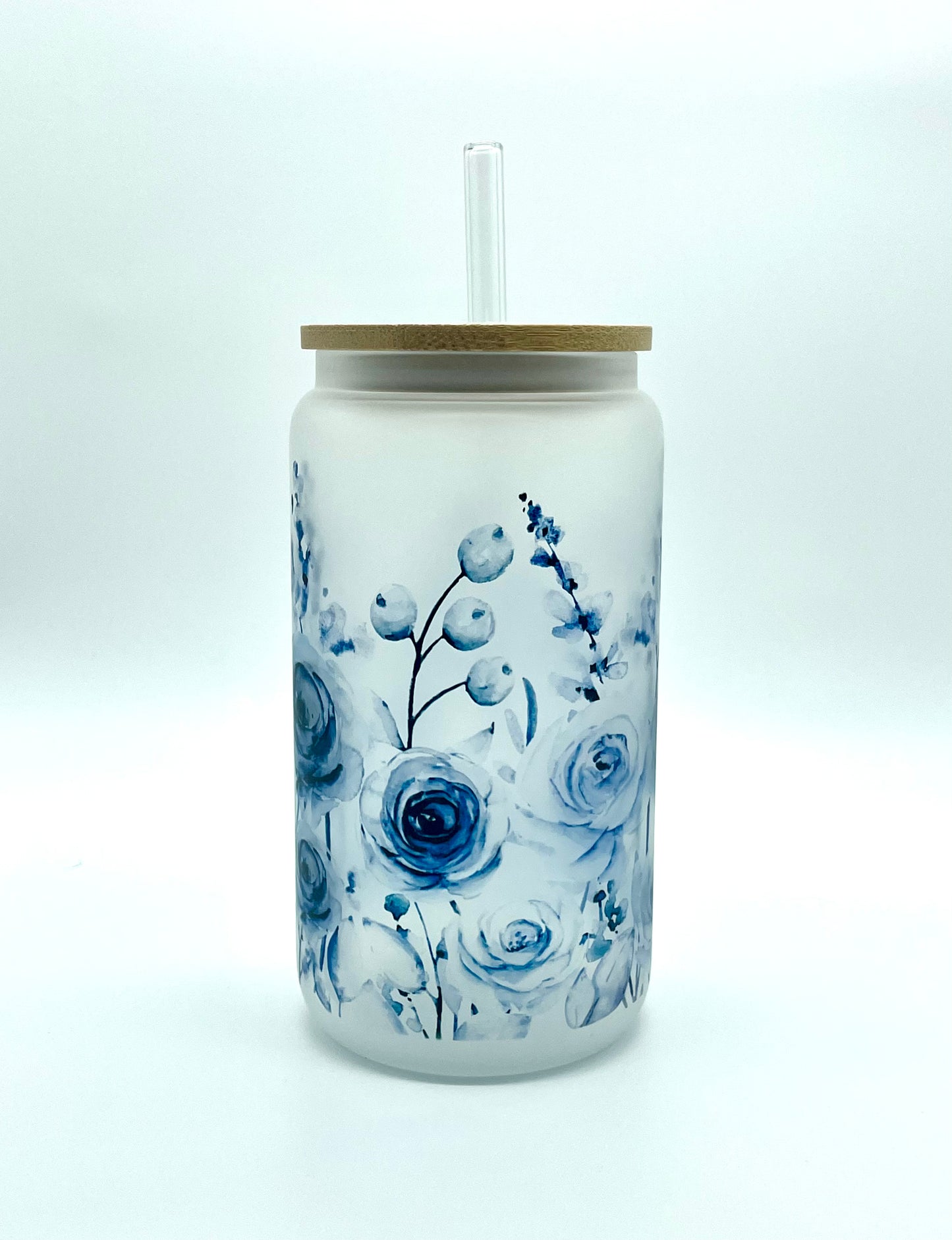 Blue Floral Frosted Glass Can