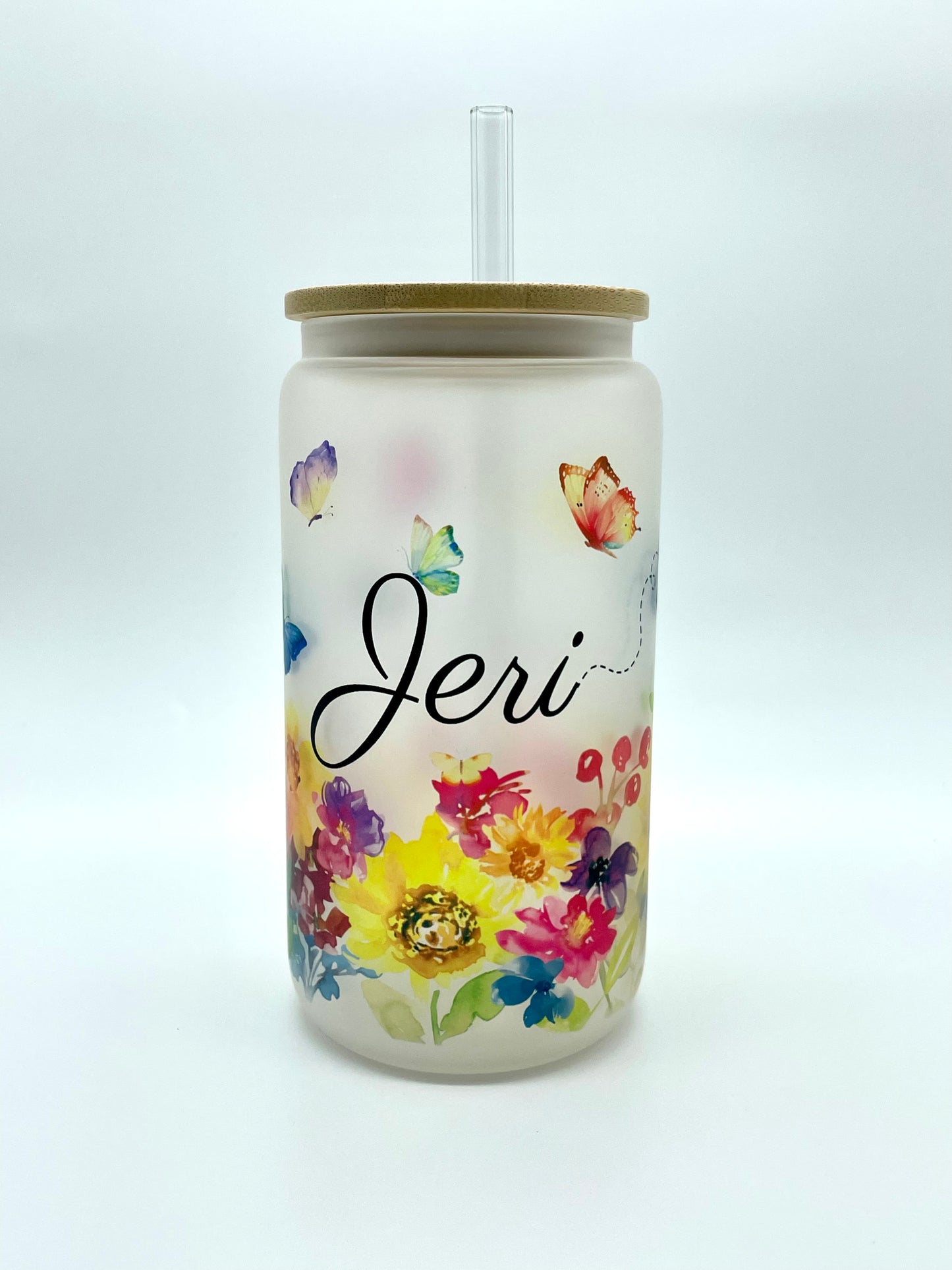 Personalized Floral Butterfly Frosted Glass Can