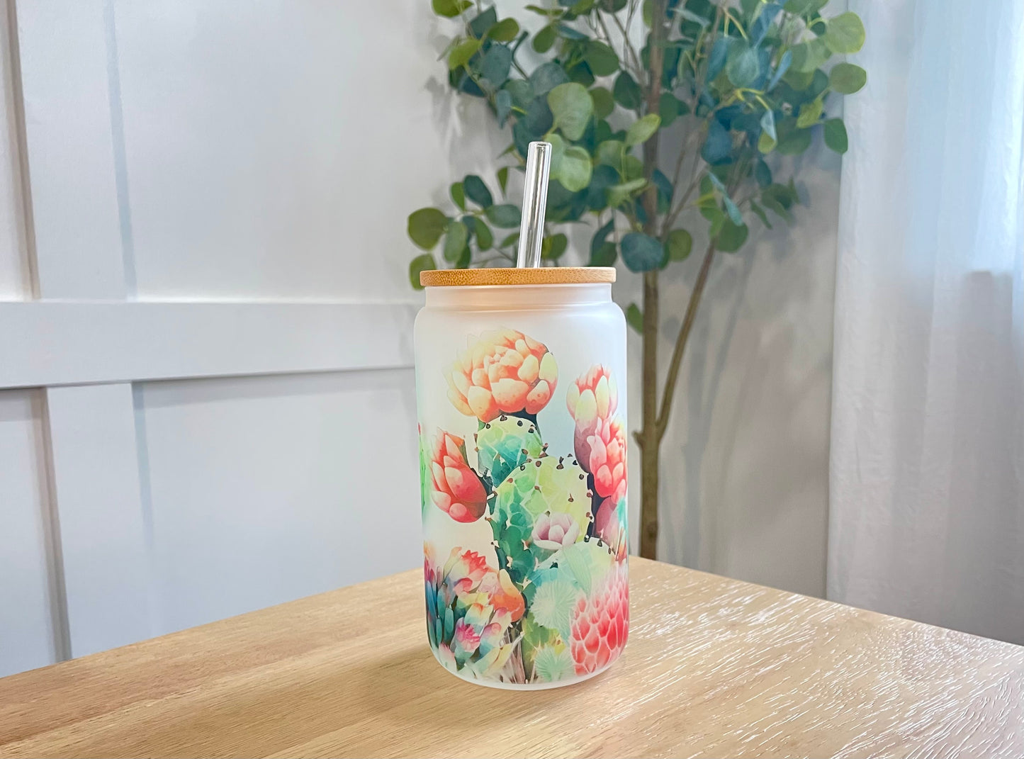 Cactus 18oz Frosted Glass Can with Bamboo Lid and Glass Straw