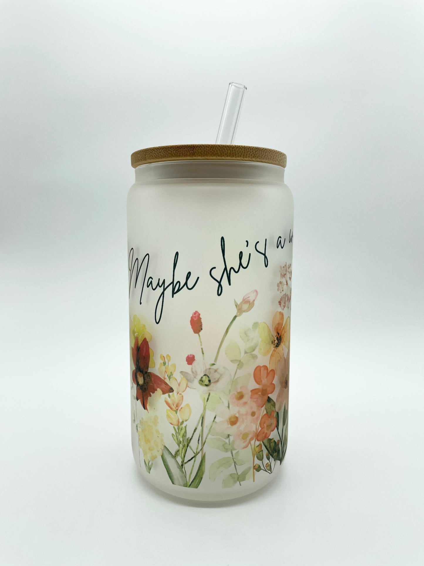 Wildflower 18oz Frosted Glass Can with Bamboo Lid and Straw