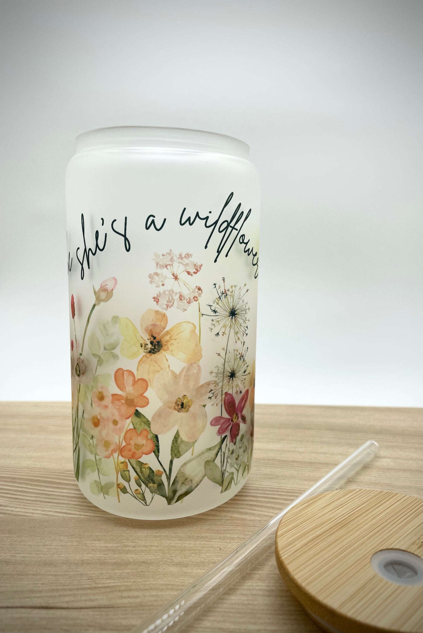 Wildflower 18oz Frosted Glass Can with Bamboo Lid and Straw