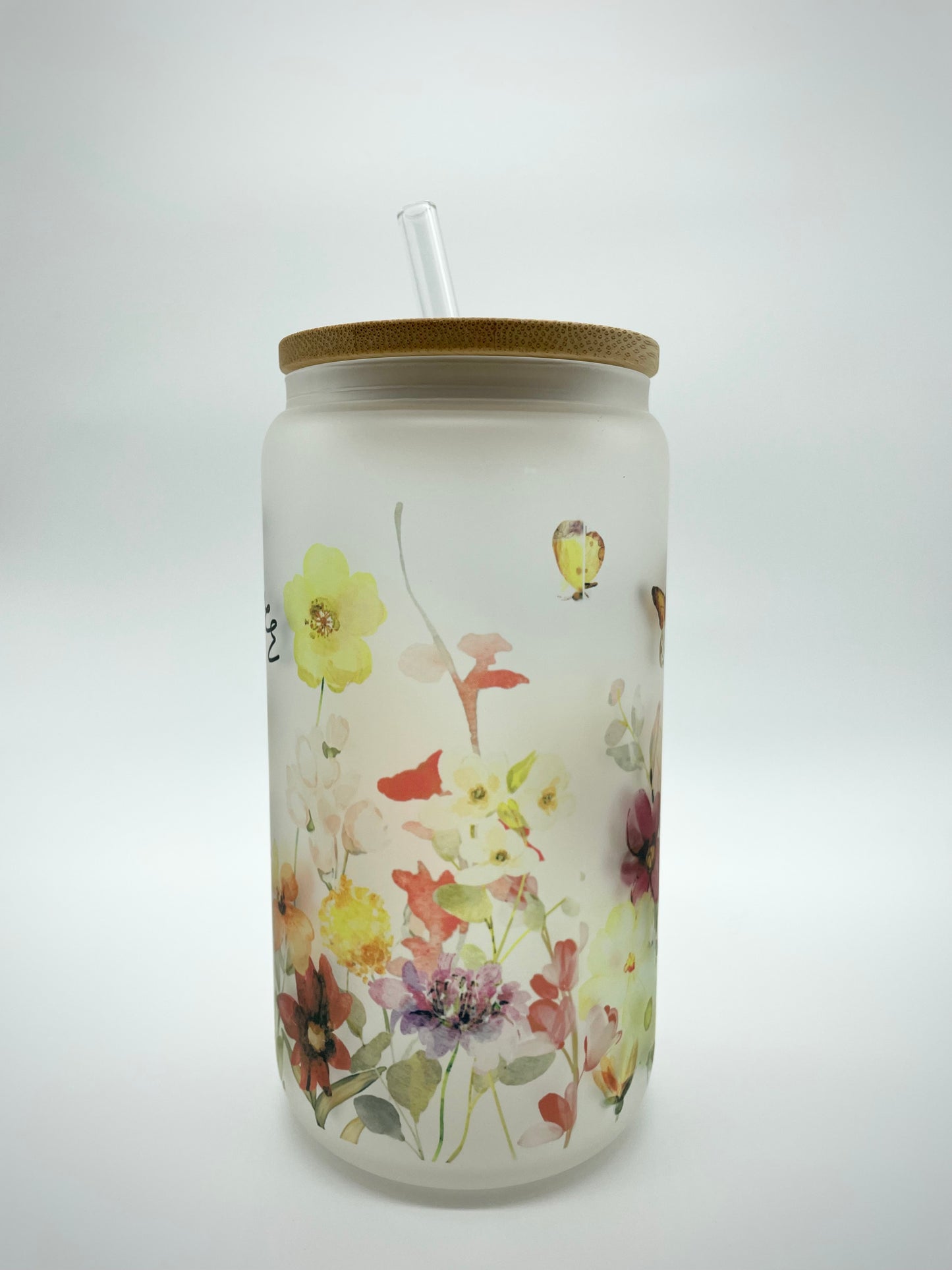 Wildflower 18oz Frosted Glass Can with Bamboo Lid and Straw