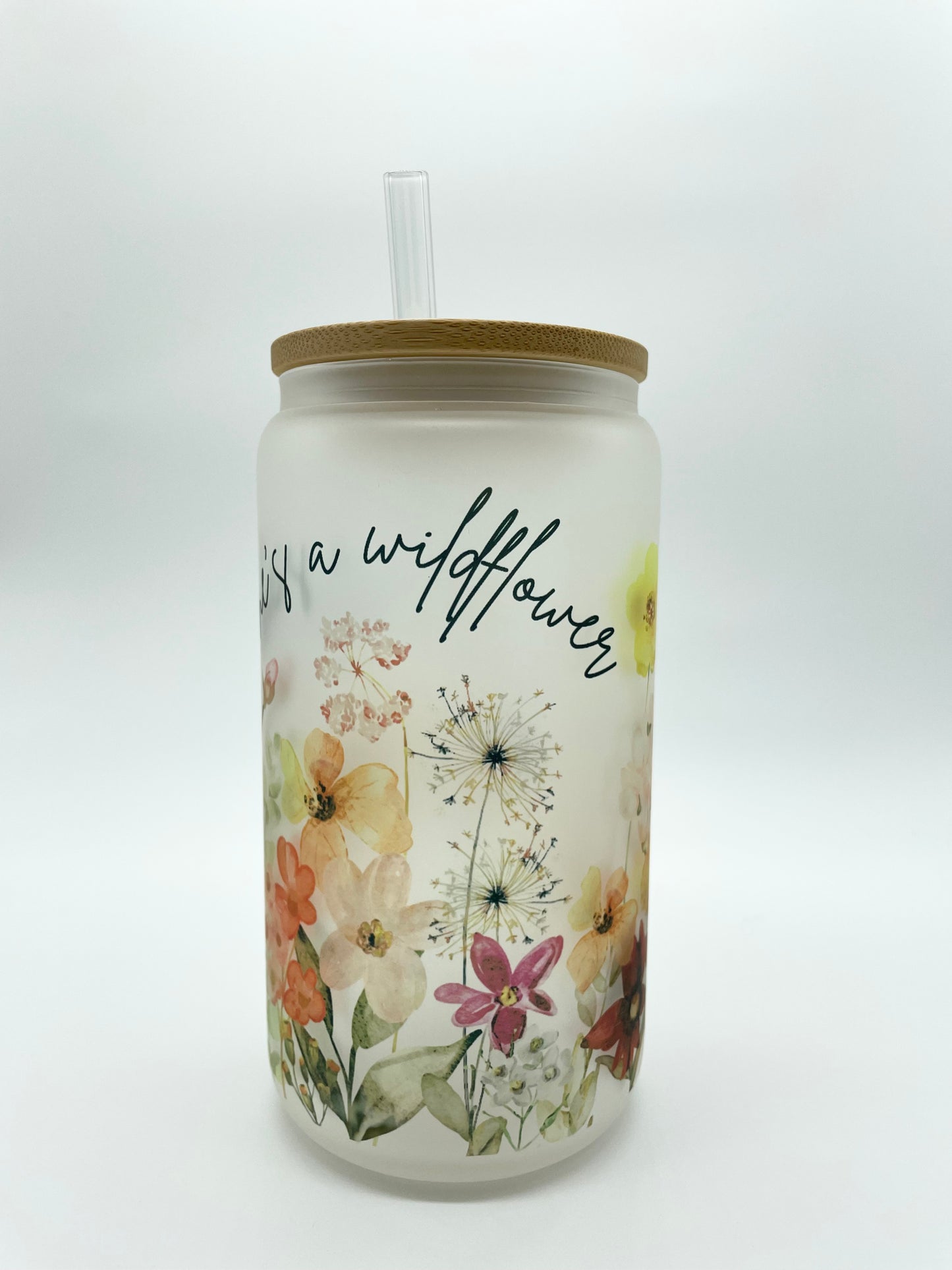 Wildflower 18oz Frosted Glass Can with Bamboo Lid and Straw